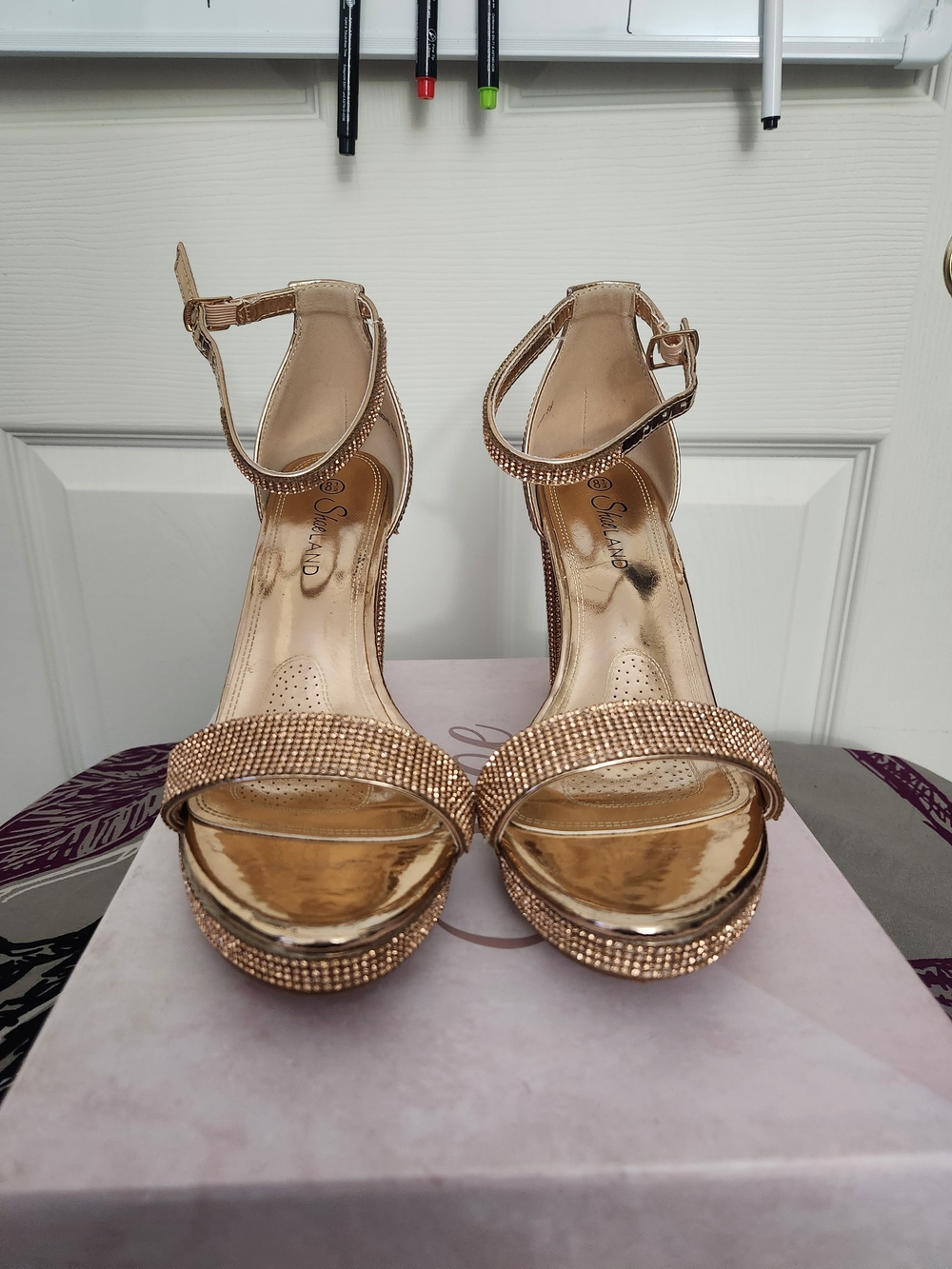 Strappy Rhinestone Platform Heels in Rose Gold